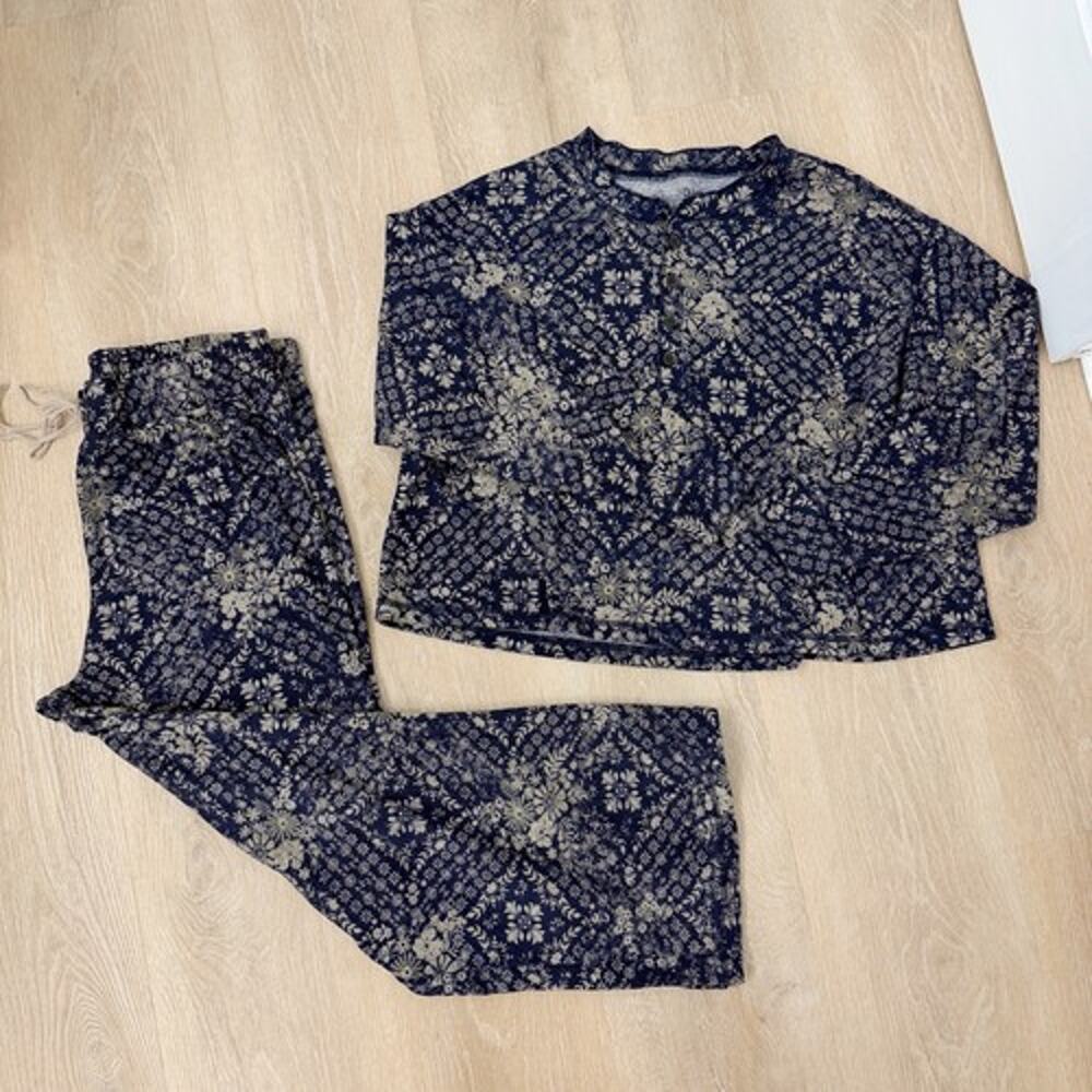 Natural Life Floral Knit Lounge Set XL Long Sleeve Top Wide-Leg Pants Blue/Beige